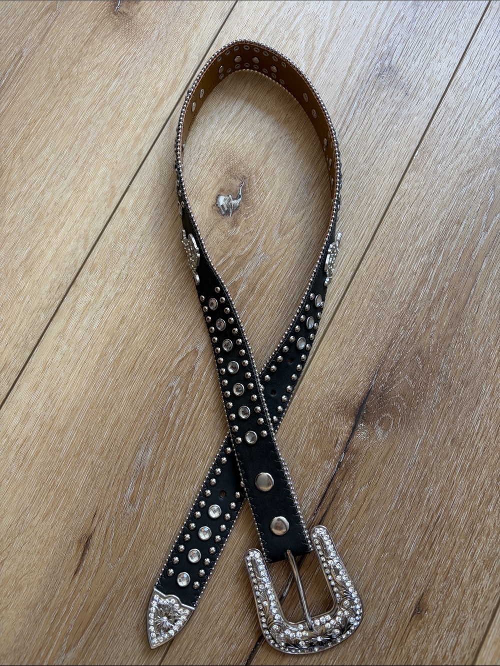 Nocona Leather Belt Rhinestone Studded Western Cowgirl Buckle Womens Bling Sz 28